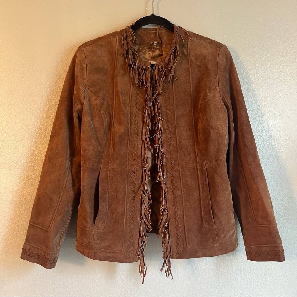 Pamela McCoy Collections Brown Suede Fringe Leather Jacket Womens Small